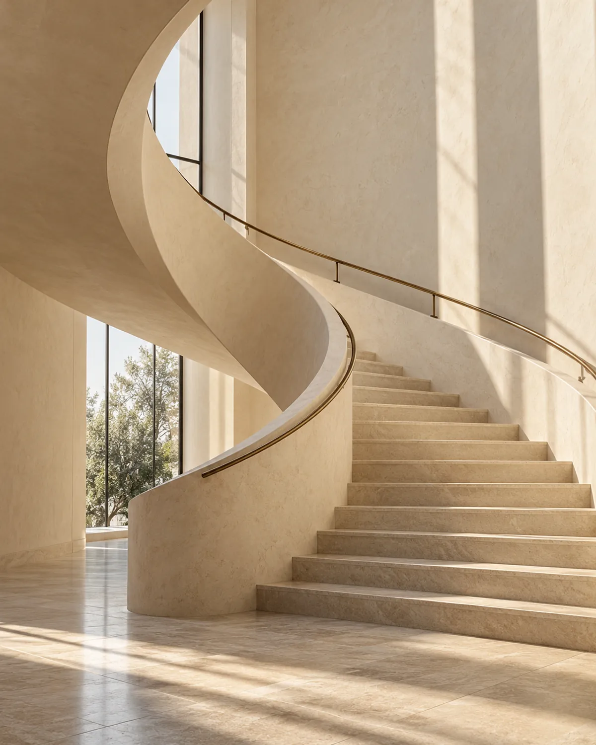 Sunlit limestone staircase with a curved bronze handrail.